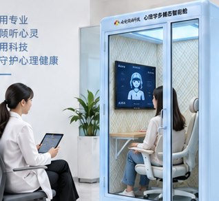AI 辅助心理咨询：咨询师手持平板站在 AI 心理咨询舱旁