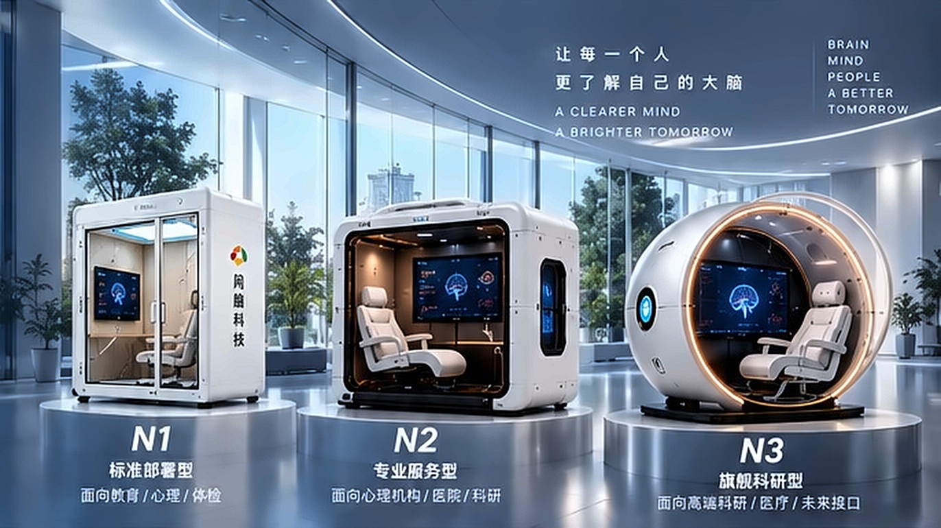 阅脑科技体验中心实景：N1 标准部署型、N2 专业服务型、N3 旗舰科研型三台认知智能终端并列呈现，右侧标语——让每一个人更了解自己的大脑